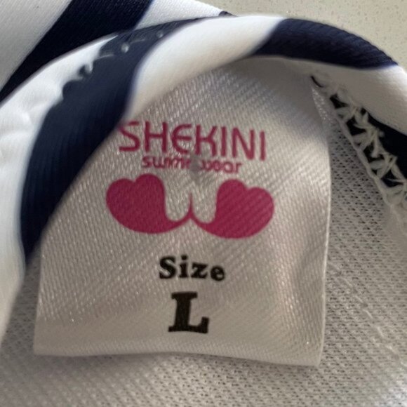 Shekini High Neck Lace Up Back Striped 2 Piece Bikini Set Navy   White Sz L NWOT - Picture 10 of 12